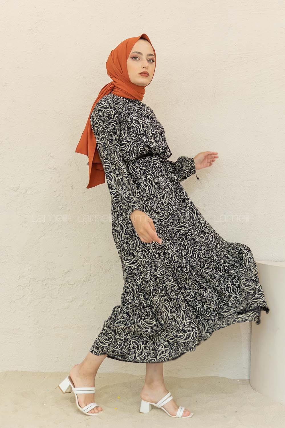 Modalamelif Balon Kol Şal Desen Elbise Siyah