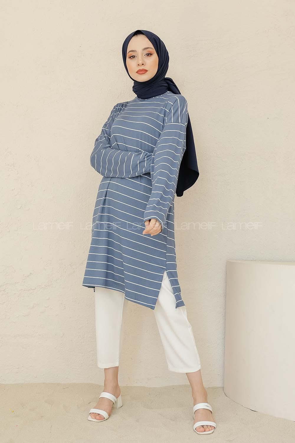 Modalamelif Çizgili Tunik İndigo