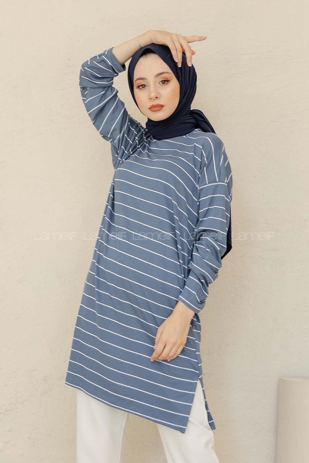 Modalamelif Çizgili Tunik İndigo
