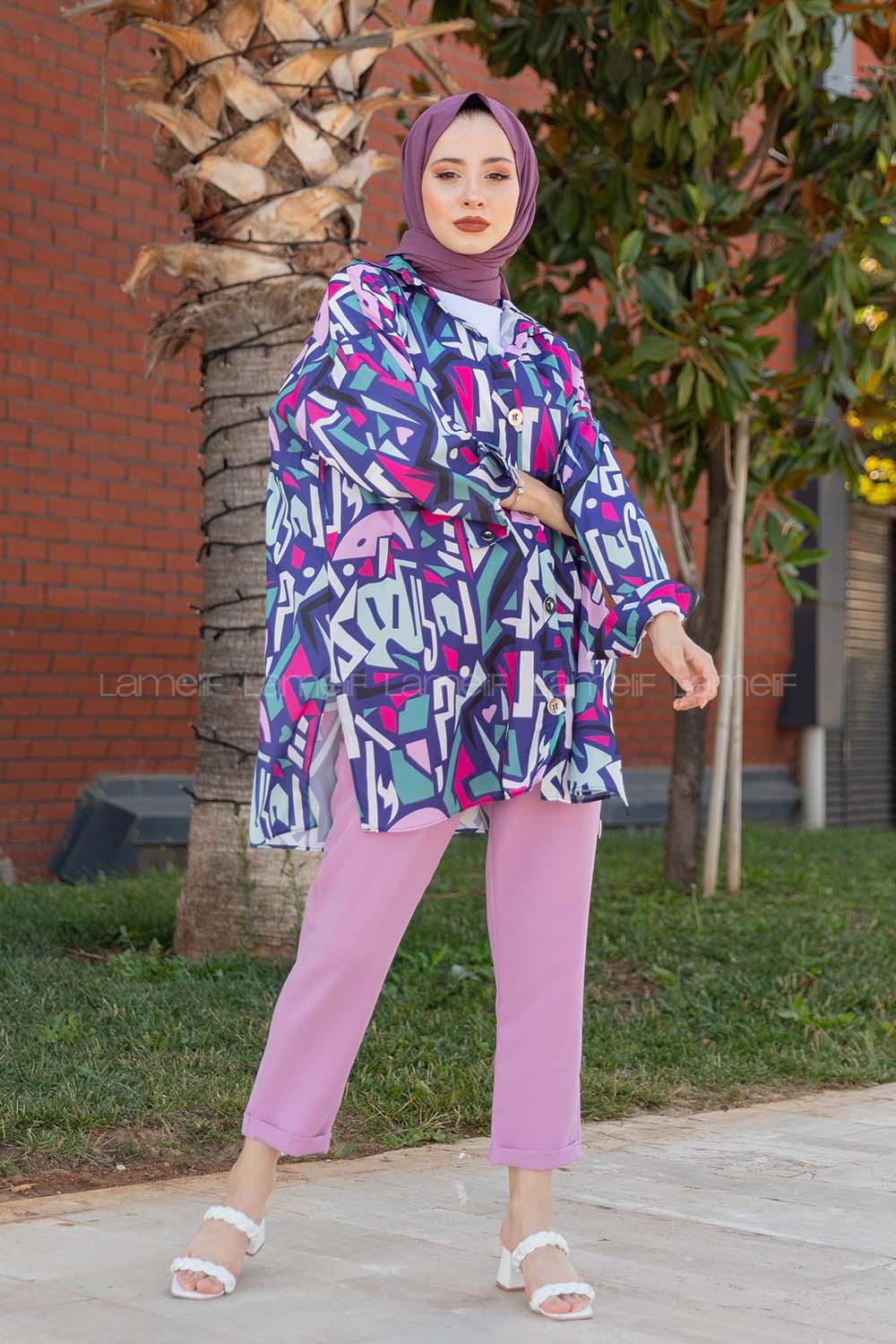 Modalamelif  Etnik Desen Gömlek Mor