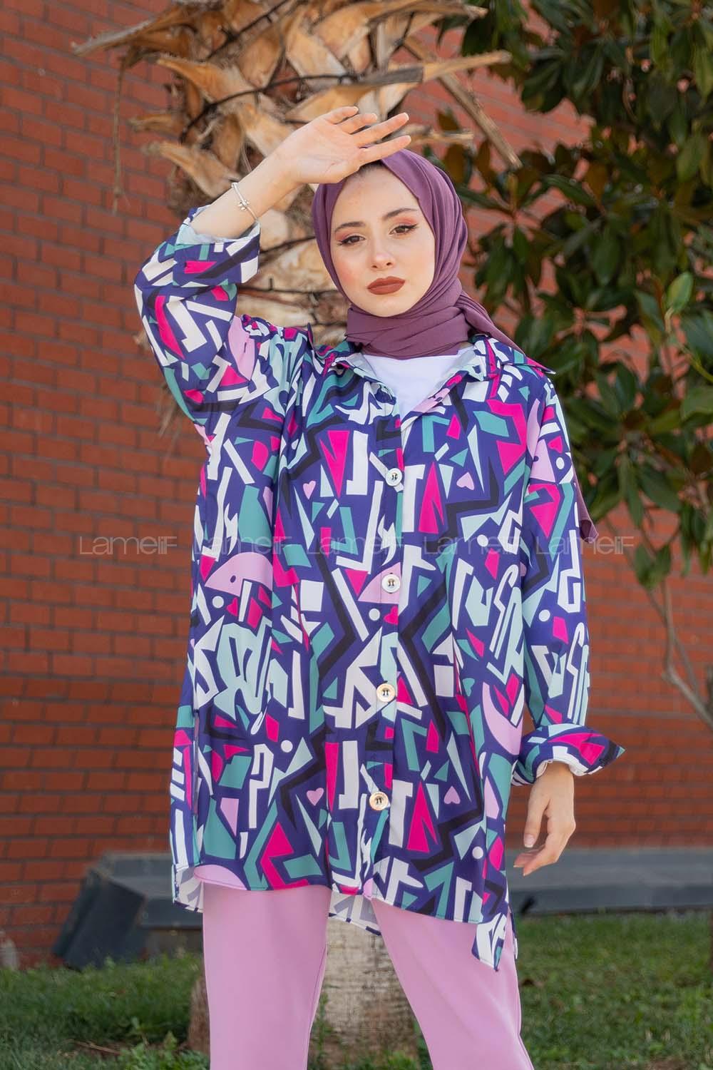 Modalamelif  Etnik Desen Gömlek Mor