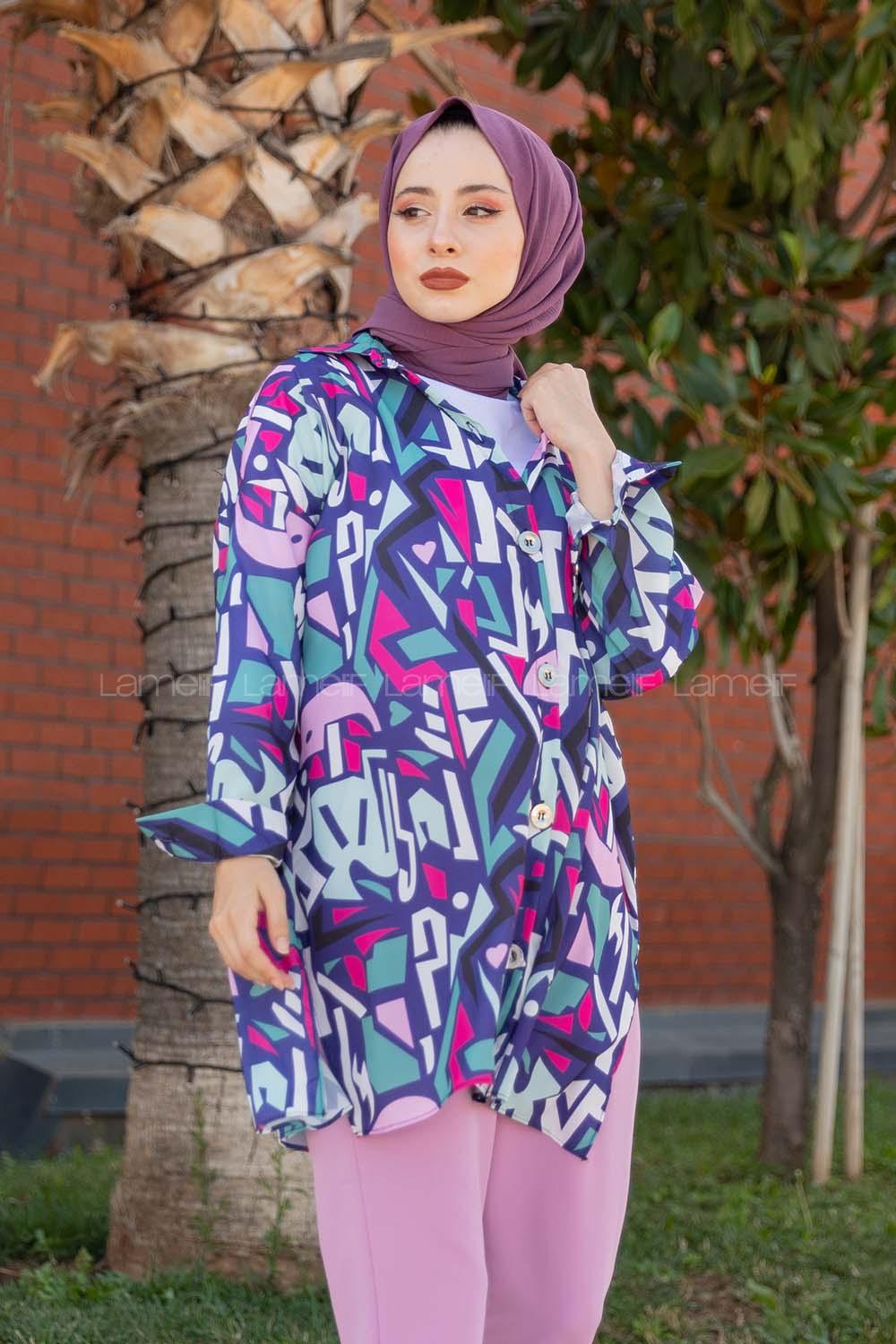 Modalamelif  Etnik Desen Gömlek Mor