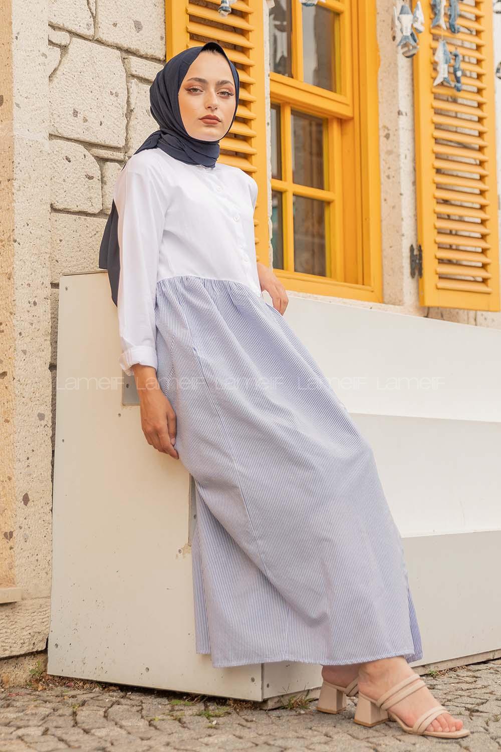 Modalamelif Hakim Yaka Çizgili Elbise Saks Mavisi