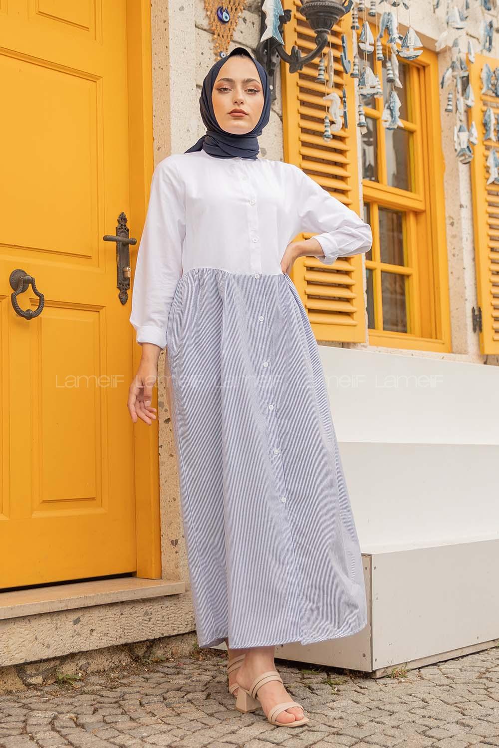 Modalamelif Hakim Yaka Çizgili Elbise Saks Mavisi