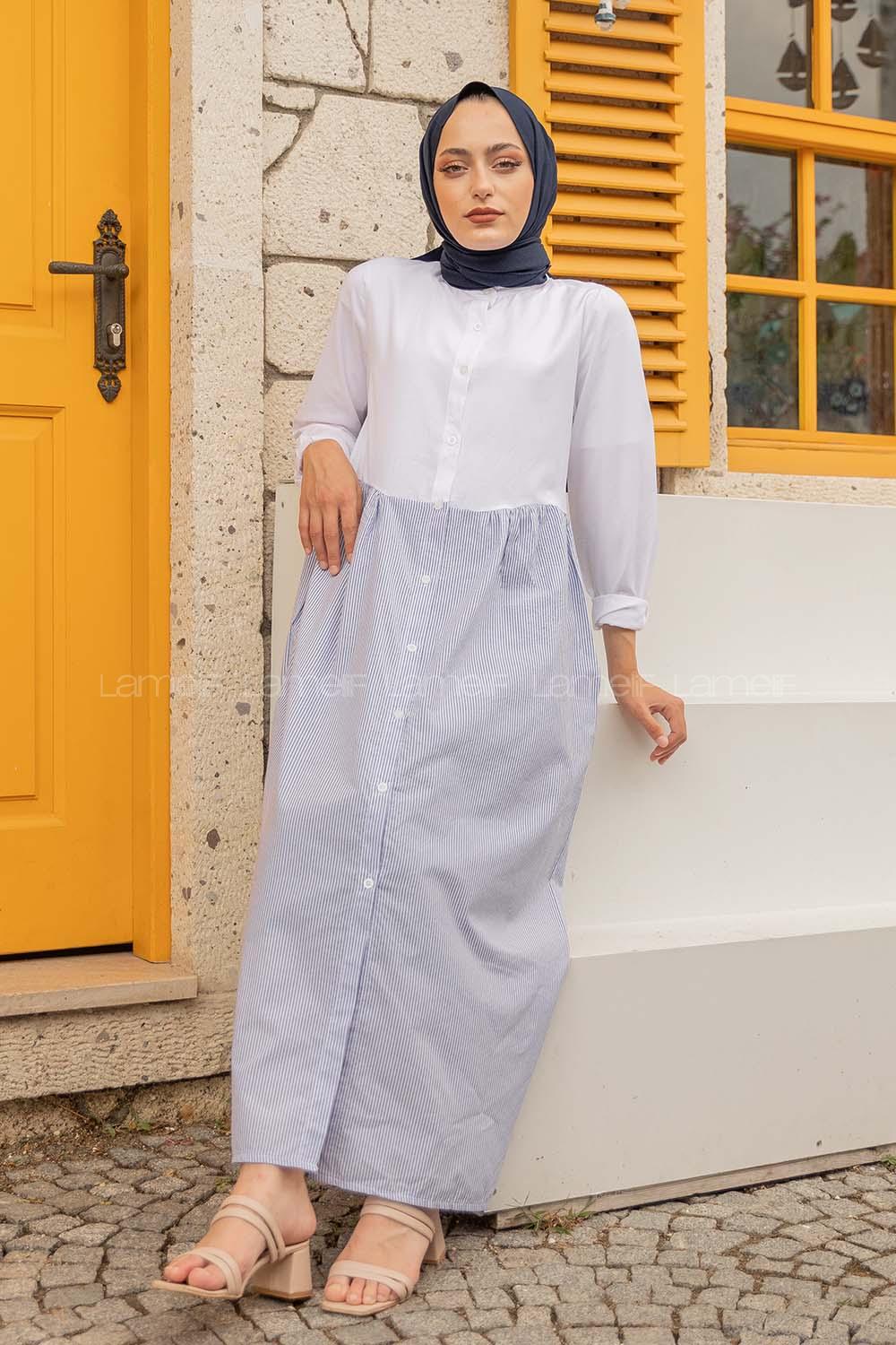 Modalamelif Hakim Yaka Çizgili Elbise Saks Mavisi