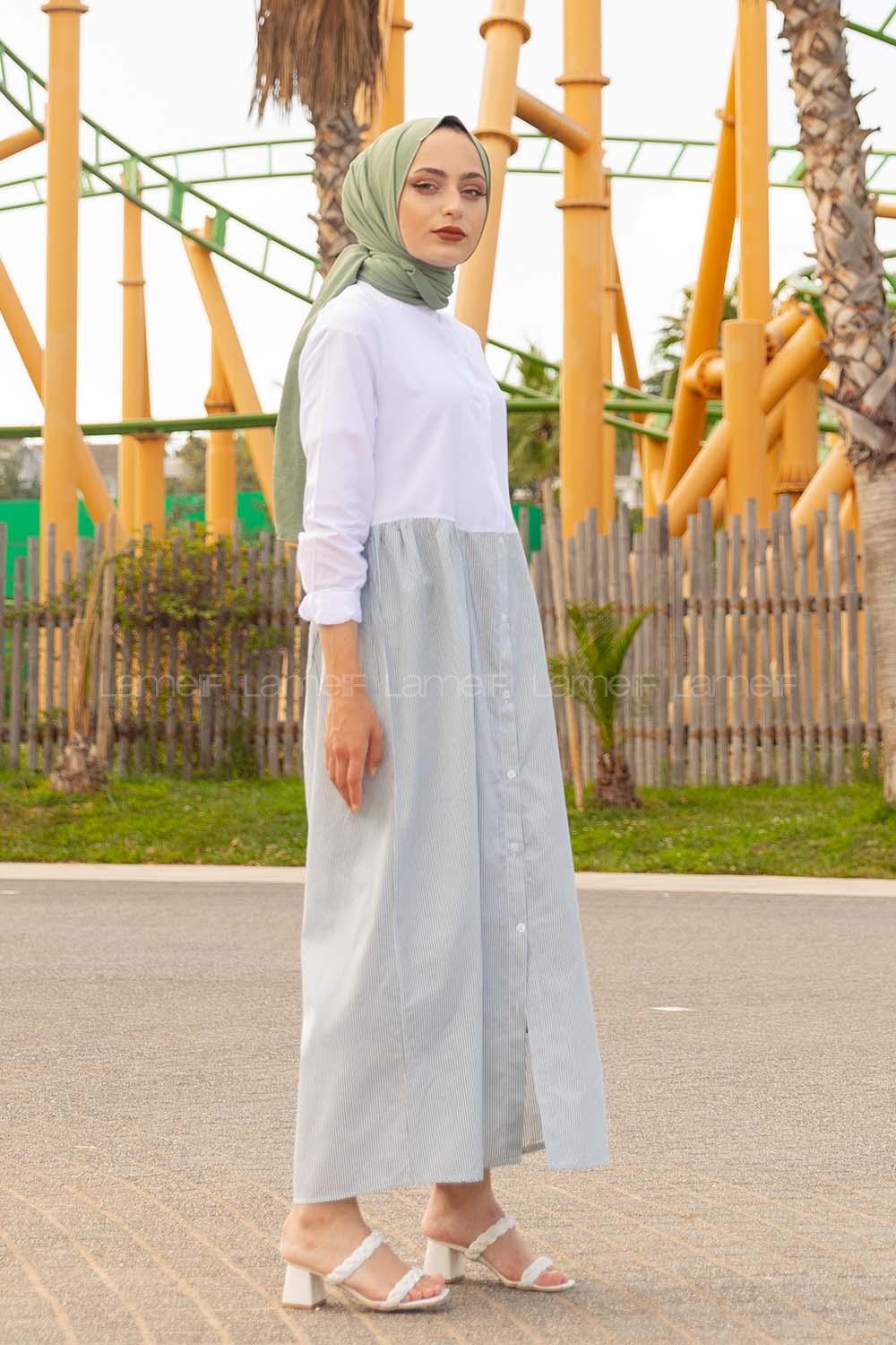 Modalamelif Hakim Yaka Çizgili Elbise Yeşil