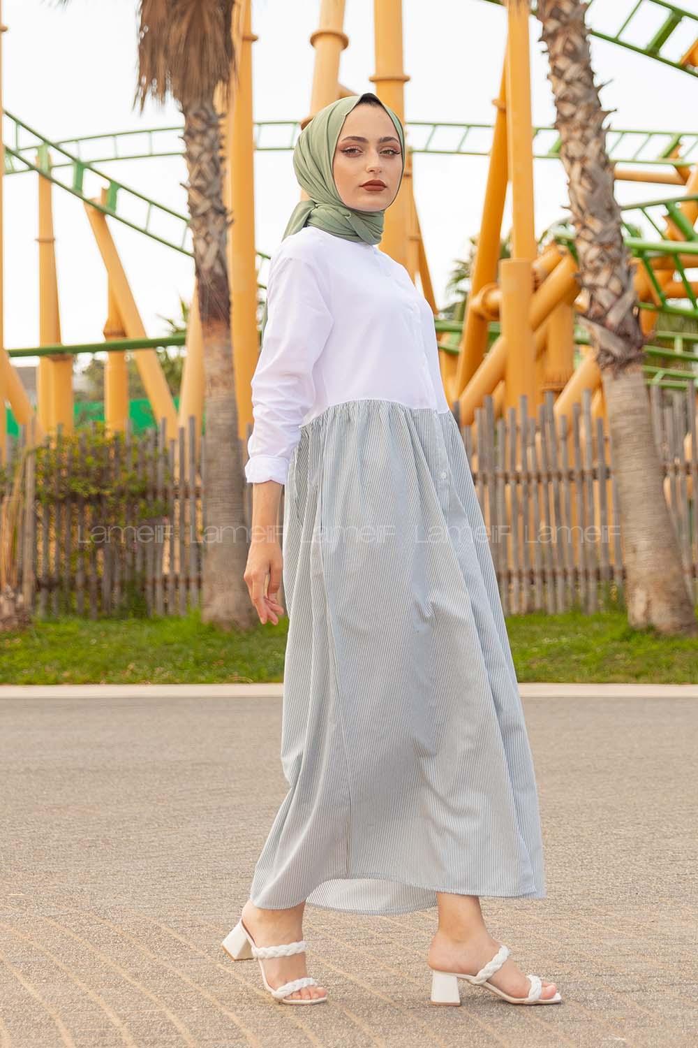 Modalamelif Hakim Yaka Çizgili Elbise Yeşil