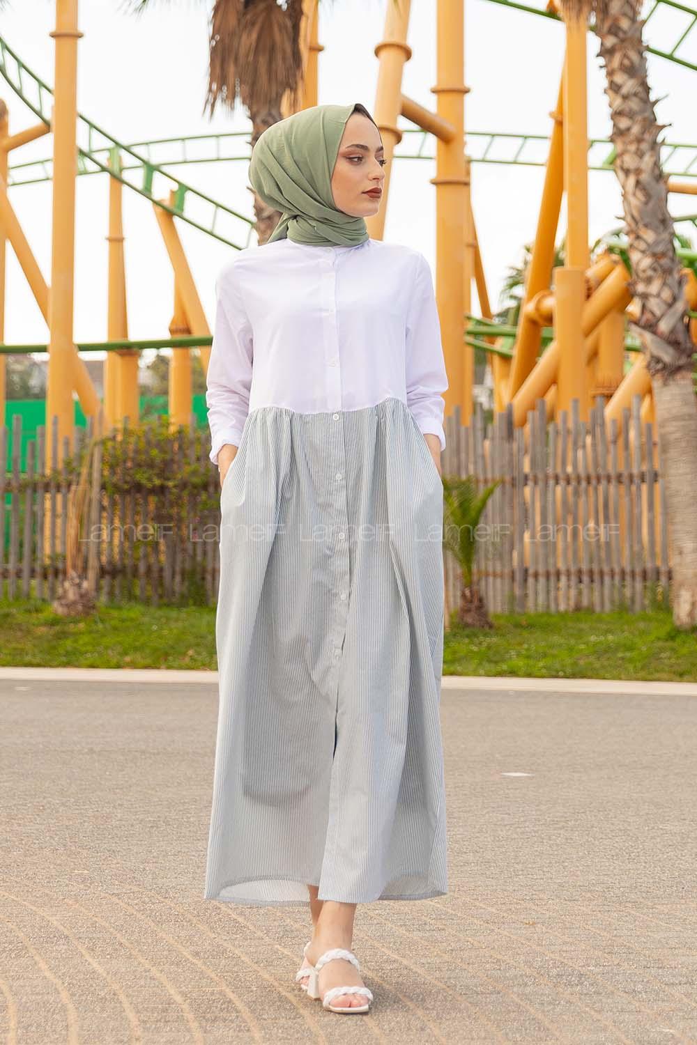 Modalamelif Hakim Yaka Çizgili Elbise Yeşil