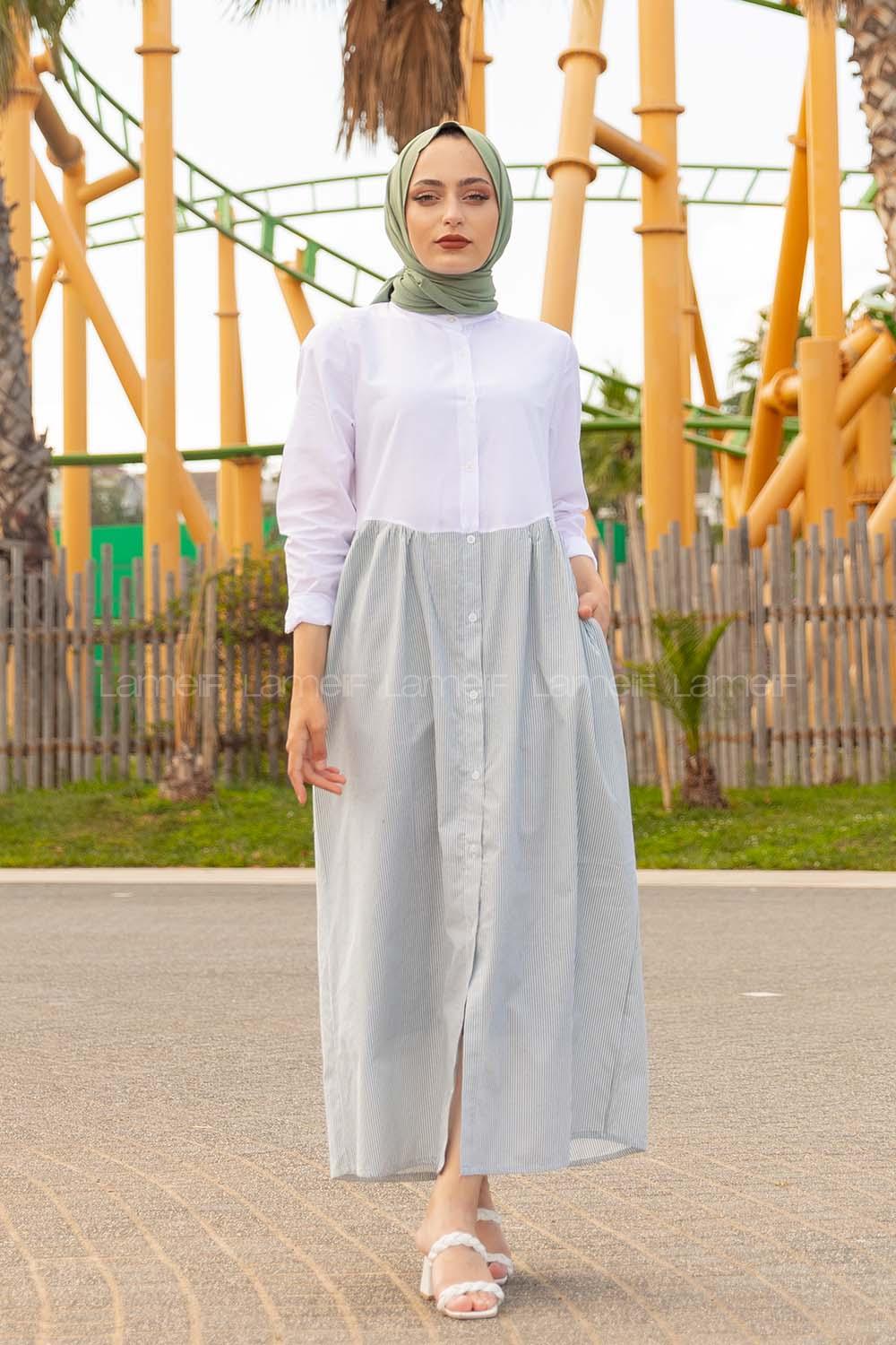 Modalamelif Hakim Yaka Çizgili Elbise Yeşil