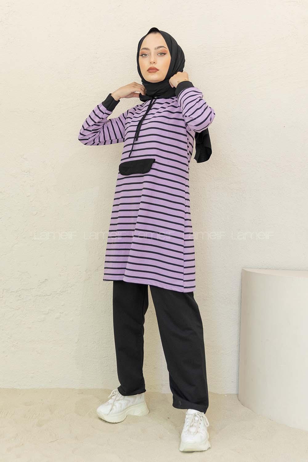 Modalamelif Kanguru Cep Çizgili İkili Takım Lila