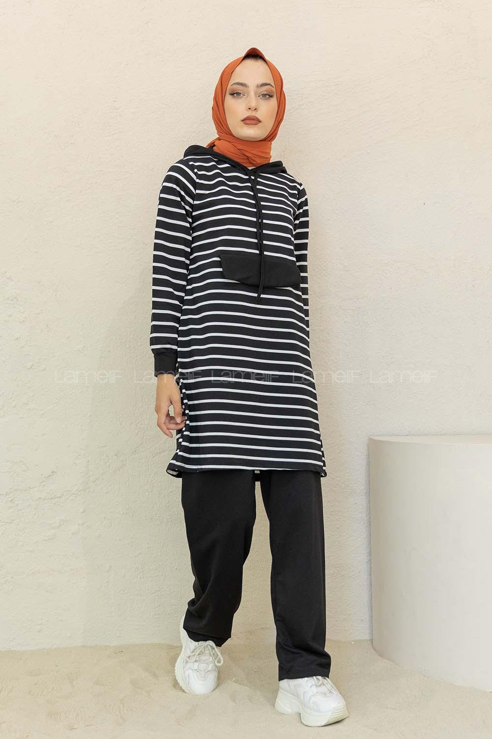 Modalamelif Kanguru Cep Çizgili İkili Takım Siyah