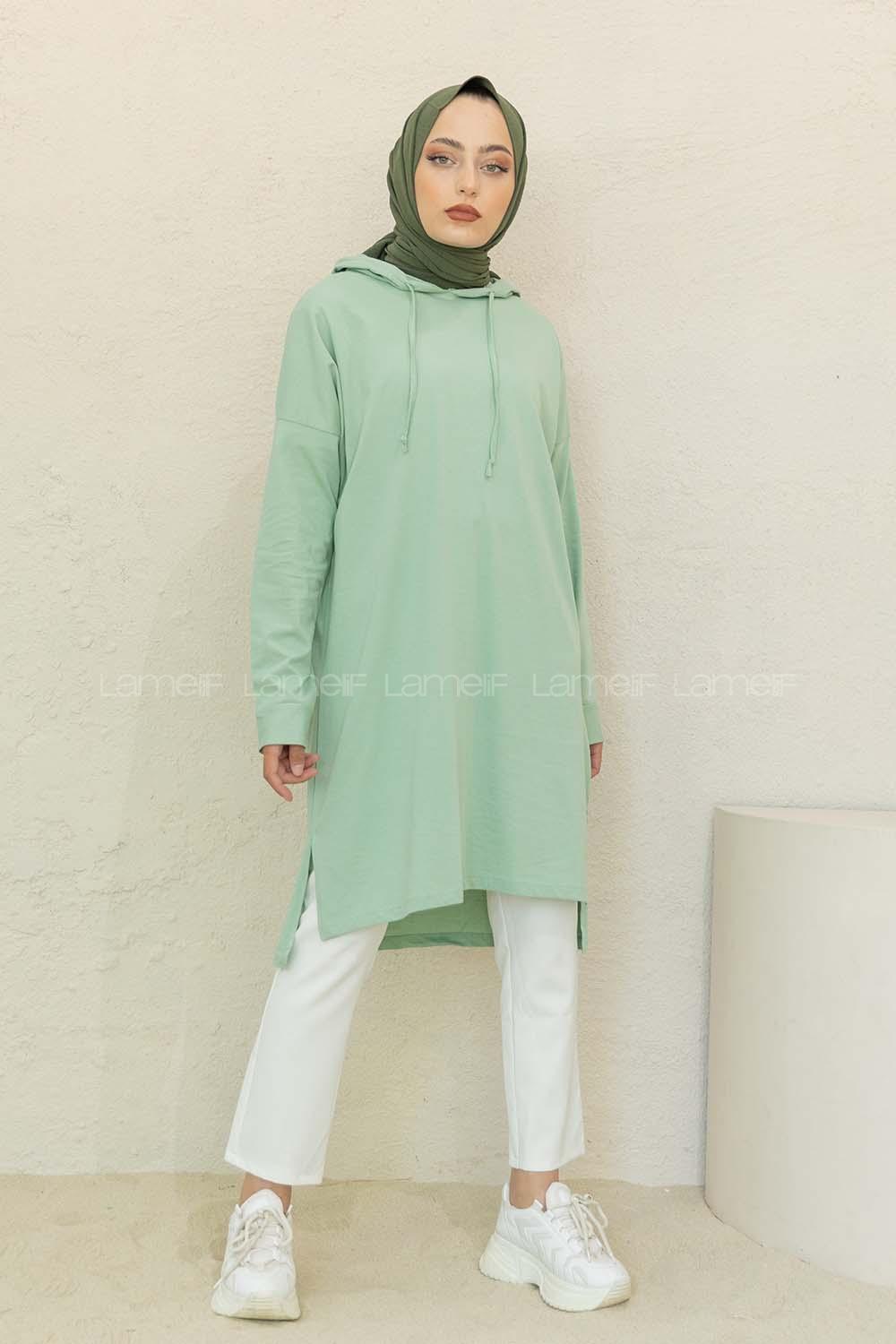 Modalamelif Kapşonlu Düz Renk Tunik Çağla