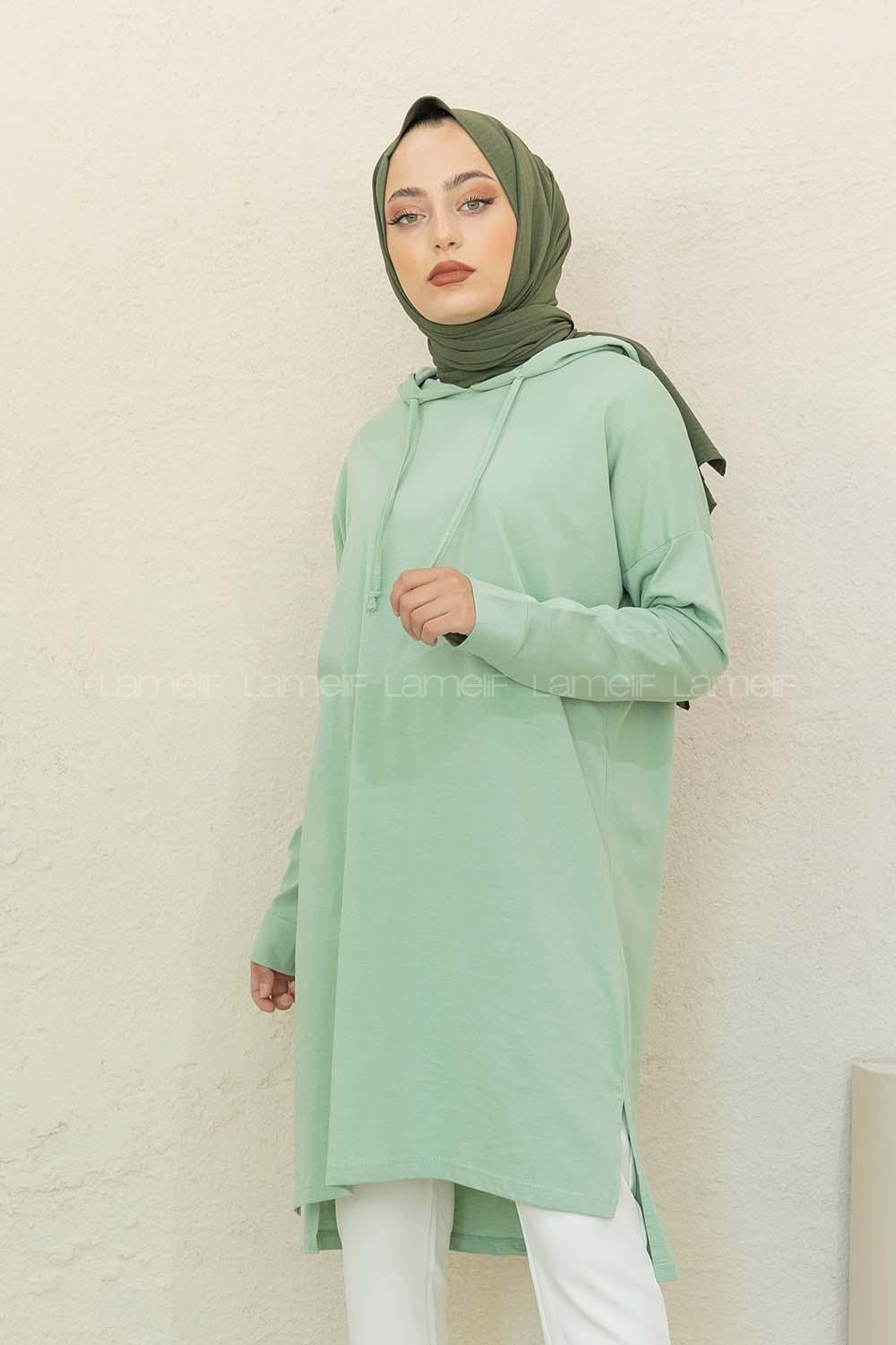 Modalamelif Kapşonlu Düz Renk Tunik Çağla