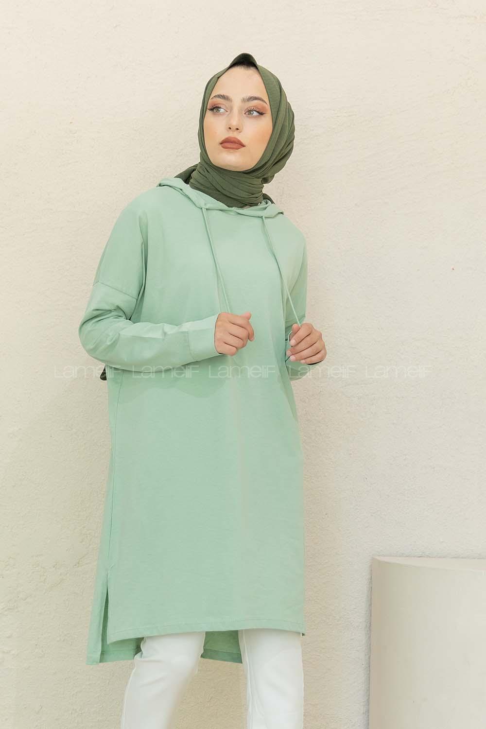 Modalamelif Kapşonlu Düz Renk Tunik Çağla