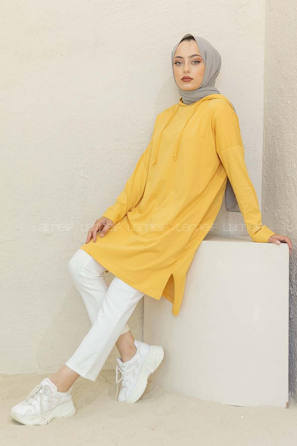 Modalamelif Kapşonlu Düz Renk Tunik Hardal Sarısı