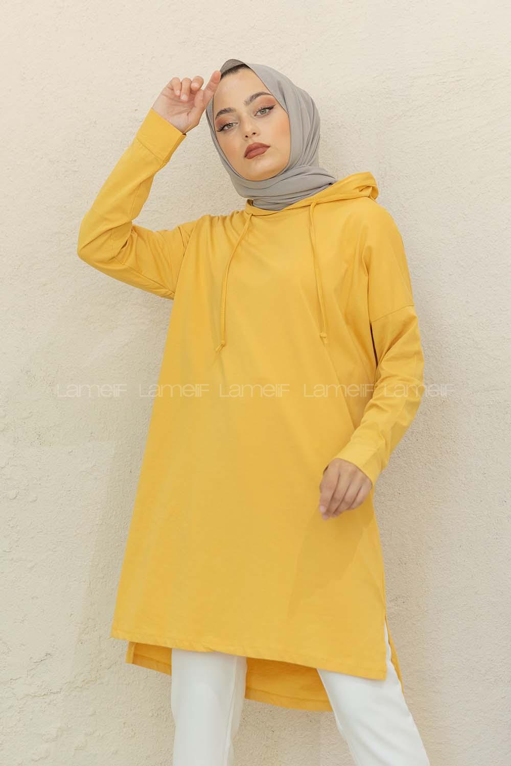 Modalamelif Kapşonlu Düz Renk Tunik Hardal Sarısı