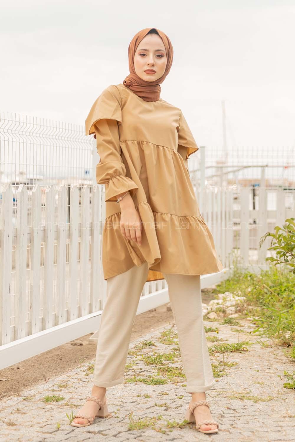 Modalamelif Kol Lastikli Fırfırlı Tunik Camel