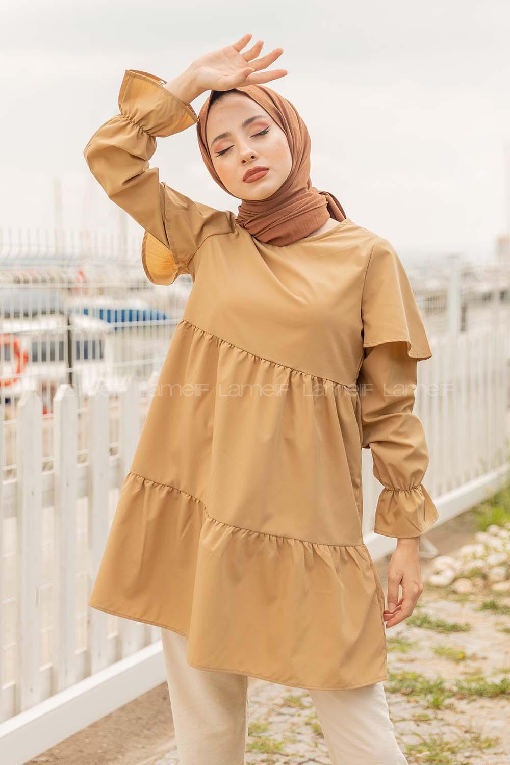 Modalamelif Kol Lastikli Fırfırlı Tunik Camel