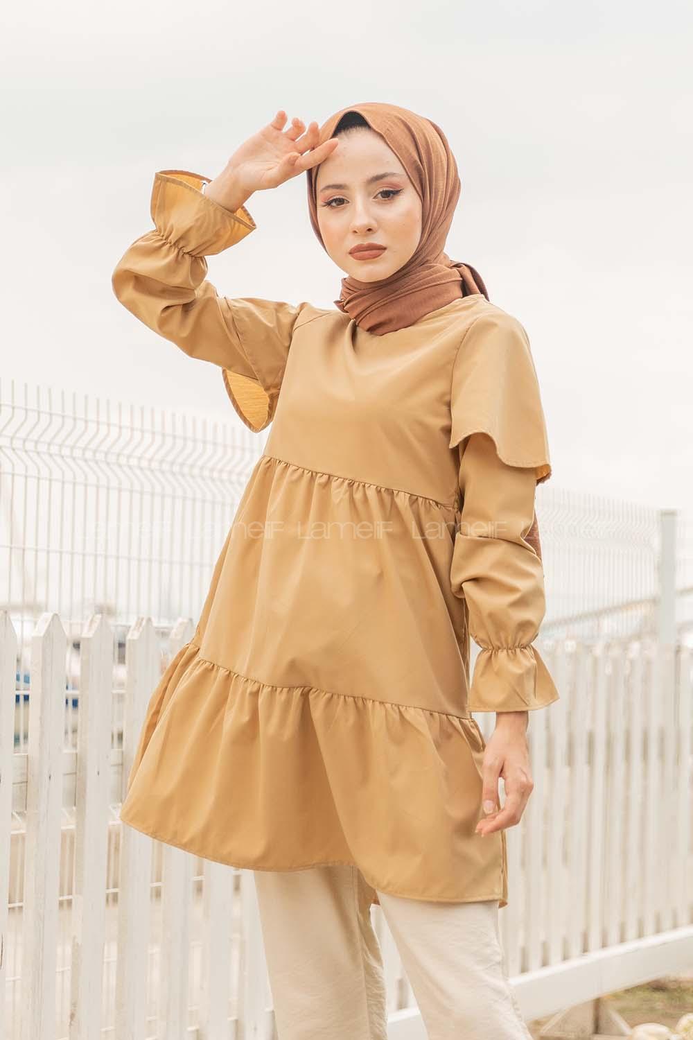 Modalamelif Kol Lastikli Fırfırlı Tunik Camel