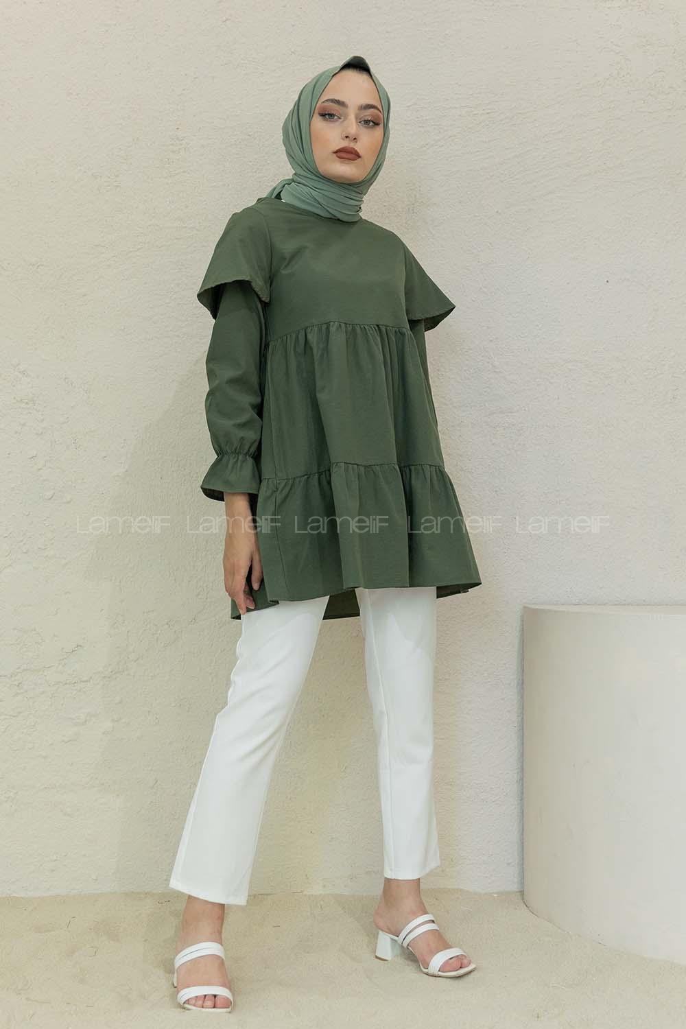 Modalamelif Kol Lastikli Fırfırlı Tunik Haki