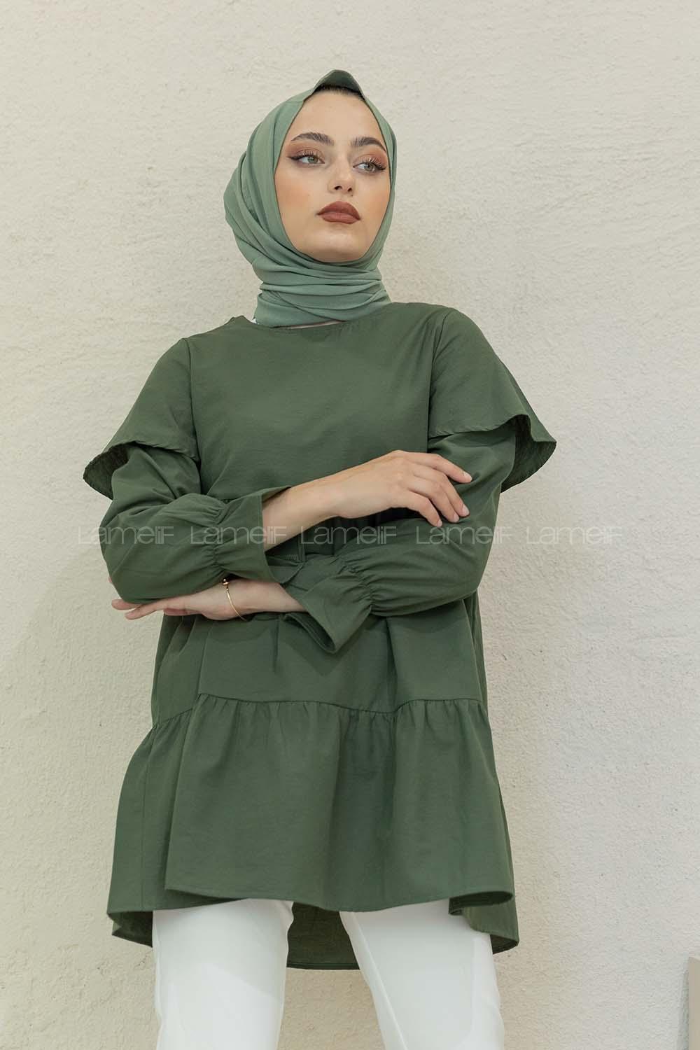 Modalamelif Kol Lastikli Fırfırlı Tunik Haki