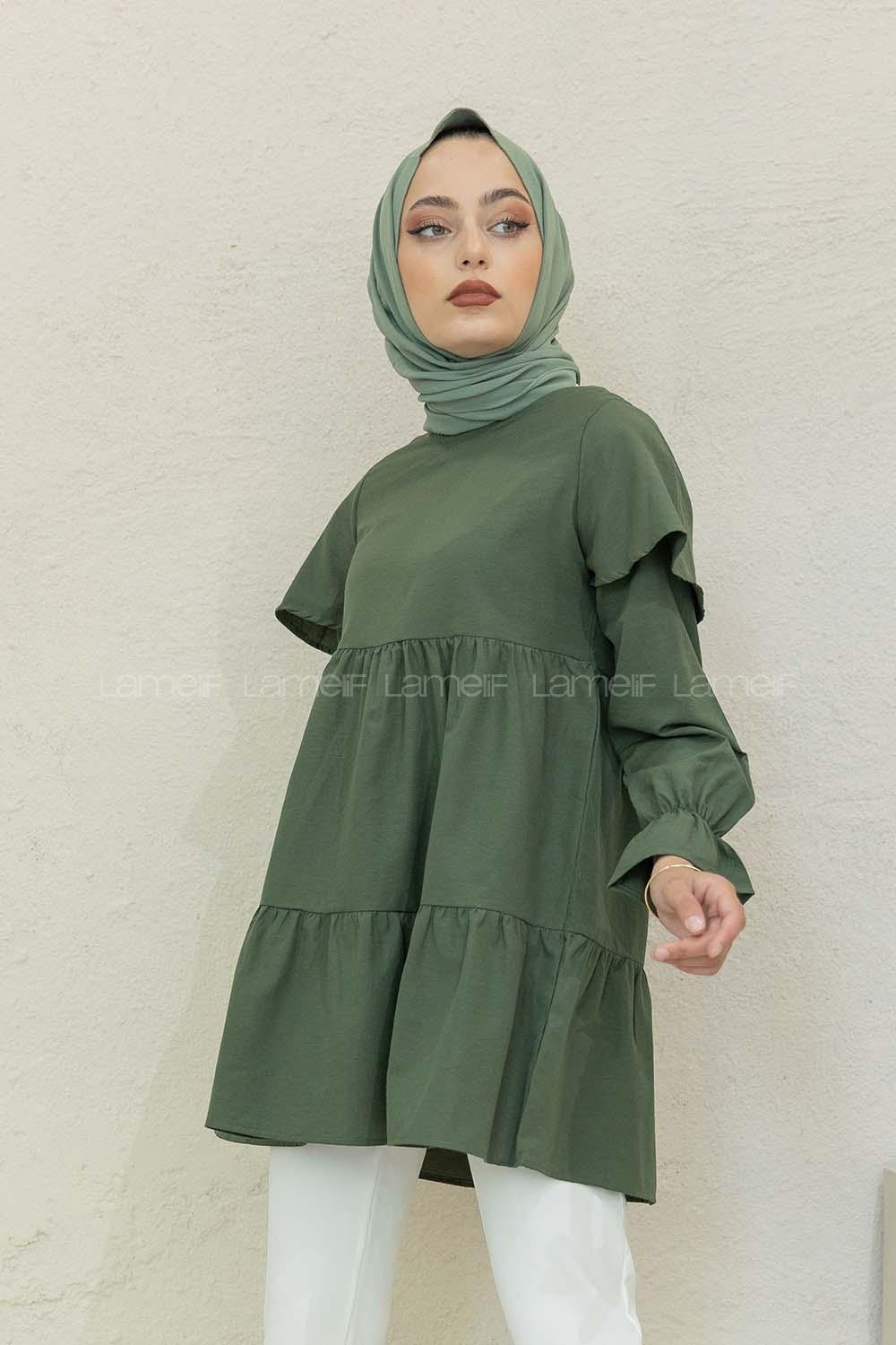 Modalamelif Kol Lastikli Fırfırlı Tunik Haki