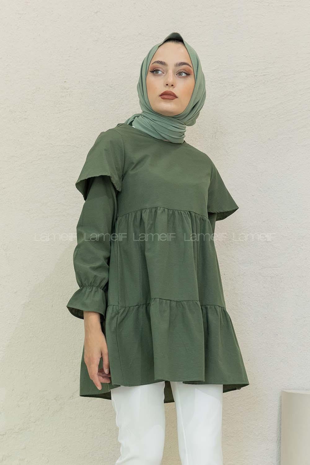 Modalamelif Kol Lastikli Fırfırlı Tunik Haki