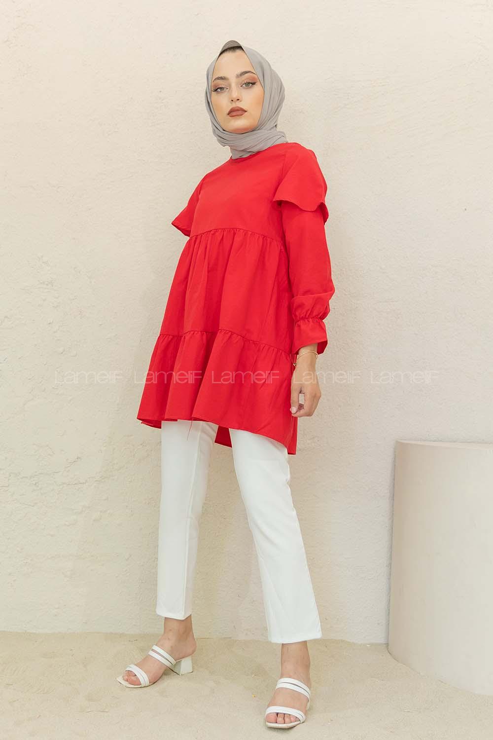 Modalamelif Kol Lastikli Fırfırlı Tunik Kırmızı