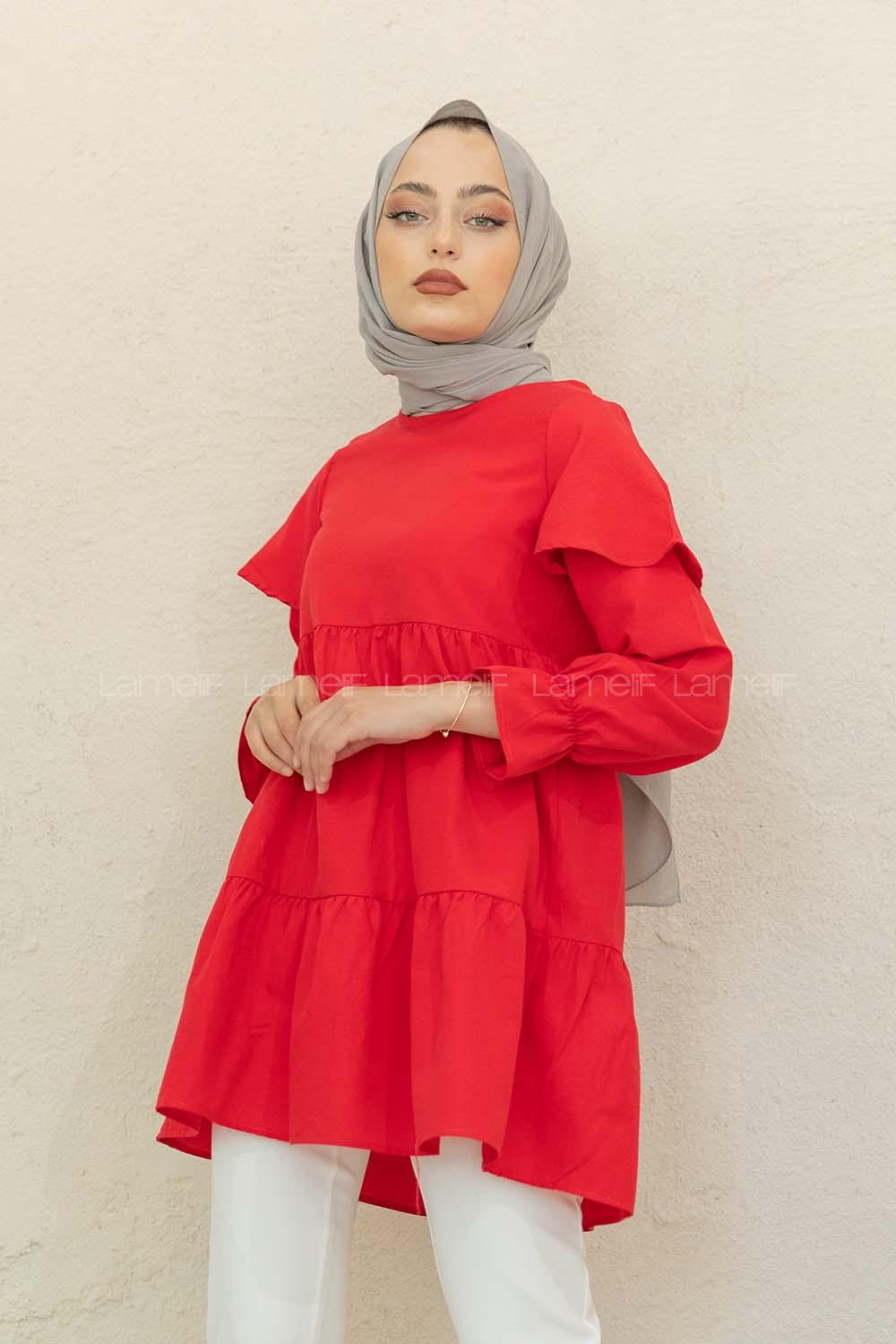 Modalamelif Kol Lastikli Fırfırlı Tunik Kırmızı