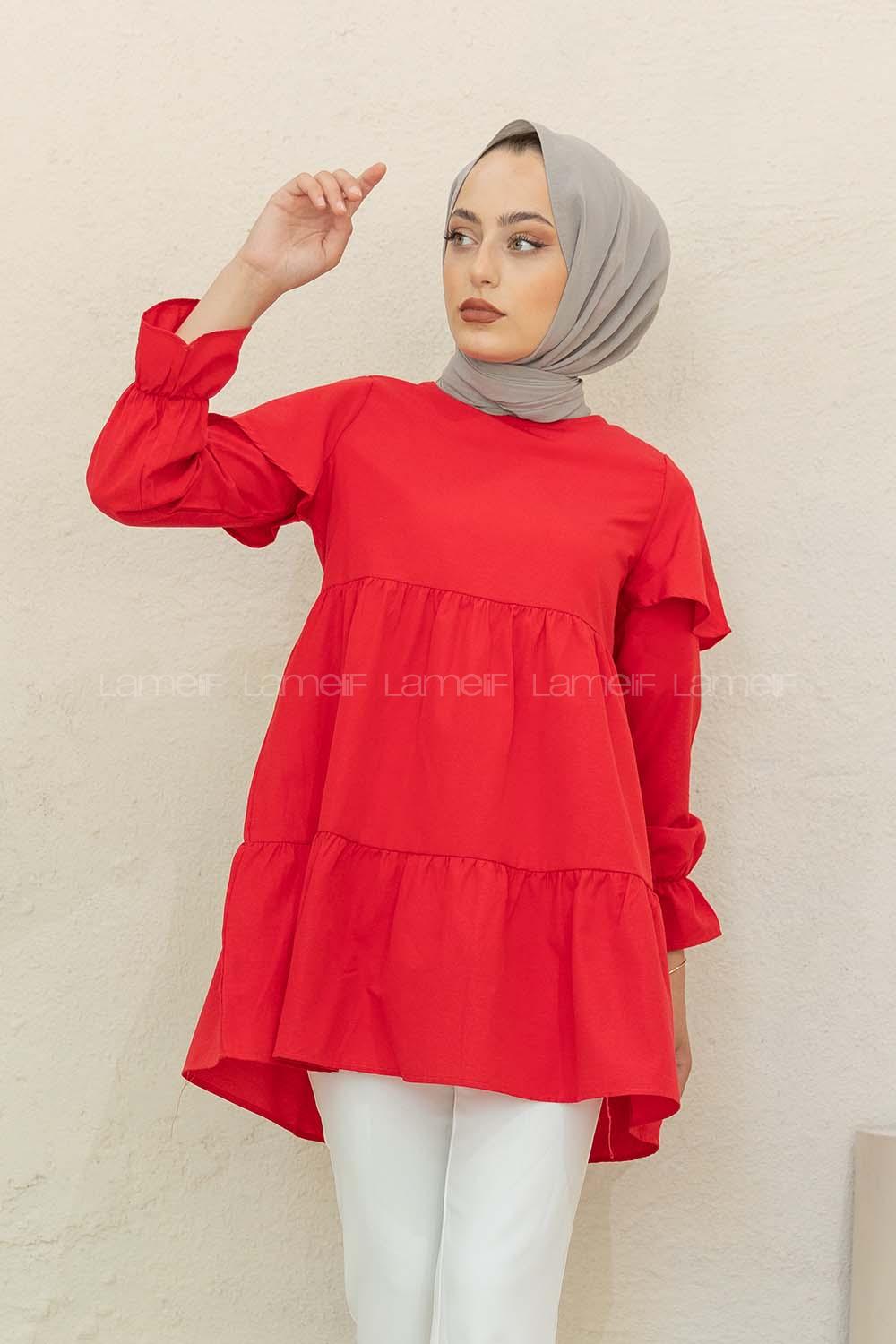 Modalamelif Kol Lastikli Fırfırlı Tunik Kırmızı