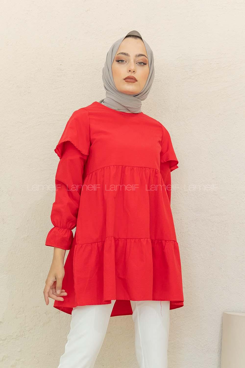 Modalamelif Kol Lastikli Fırfırlı Tunik Kırmızı