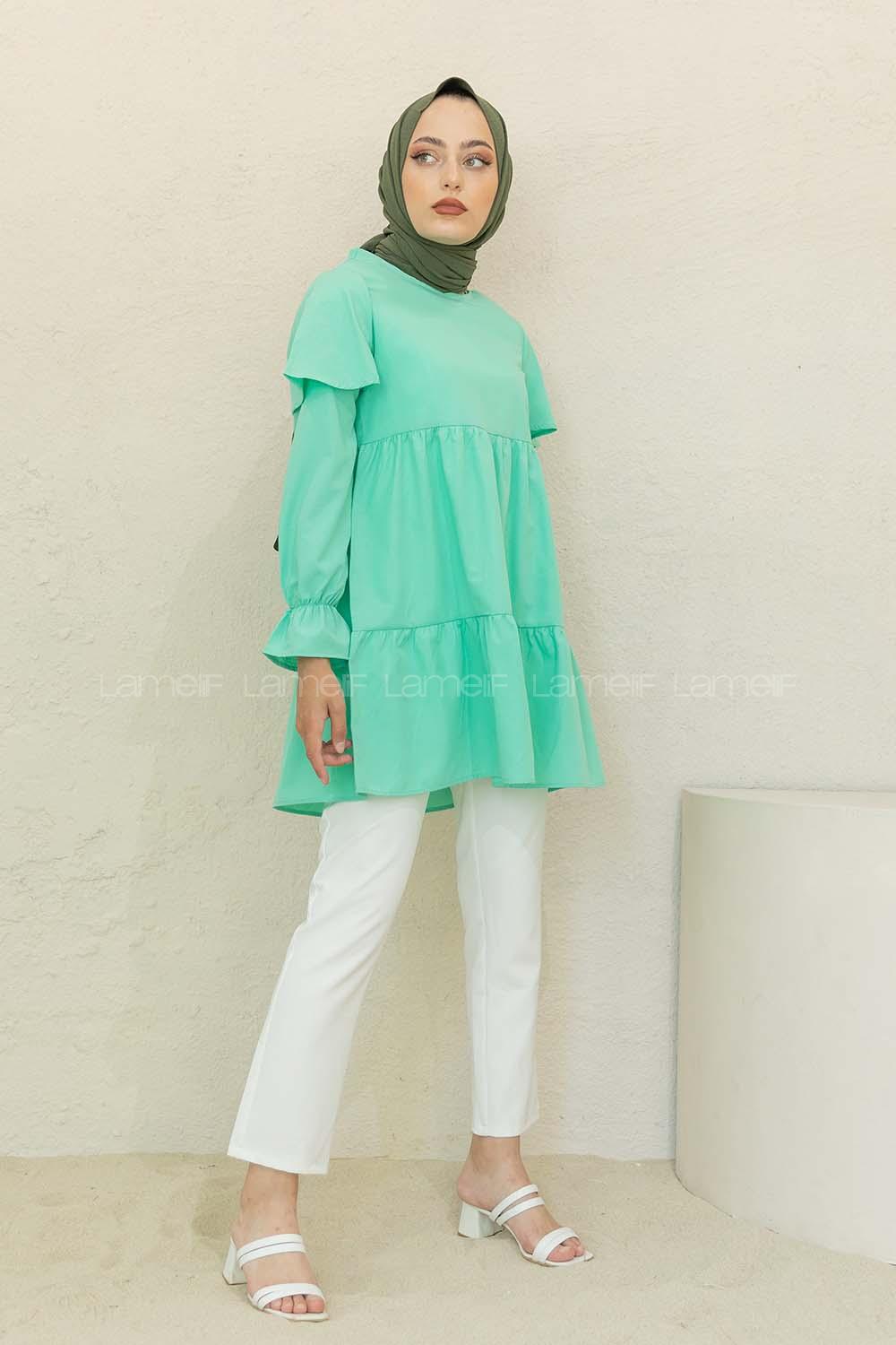 Modalamelif Kol Lastikli Fırfırlı Tunik Su Yeşili
