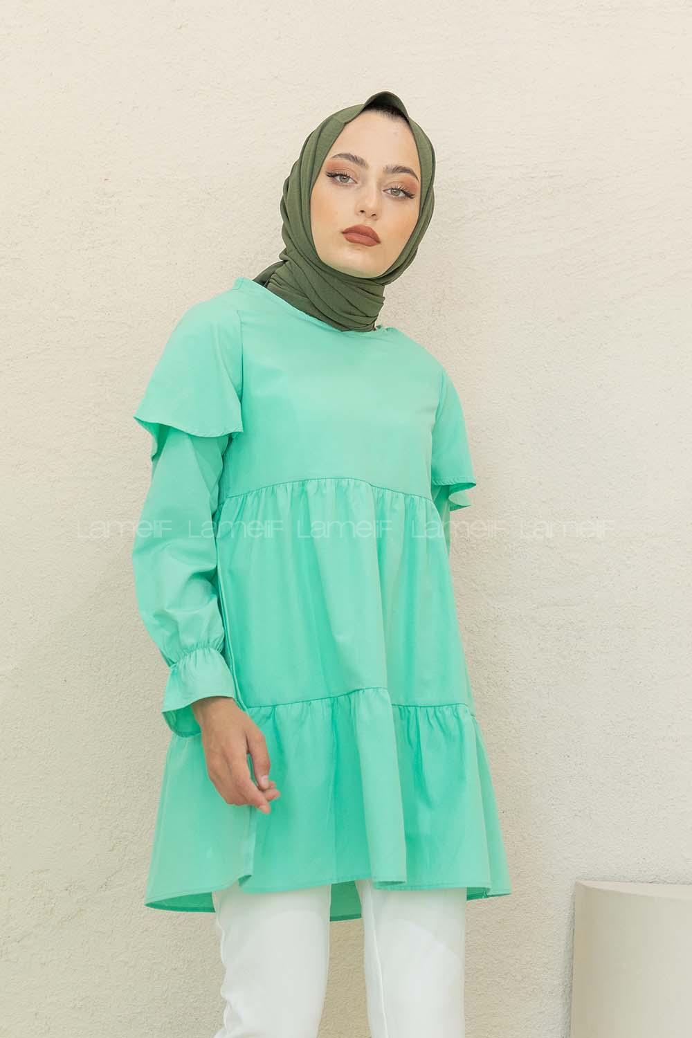 Modalamelif Kol Lastikli Fırfırlı Tunik Su Yeşili