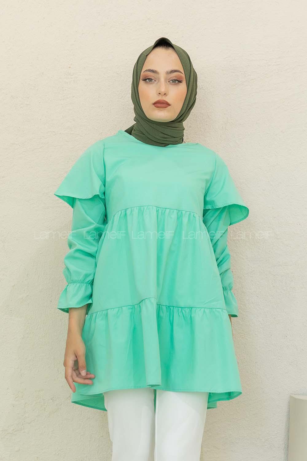 Modalamelif Kol Lastikli Fırfırlı Tunik Su Yeşili