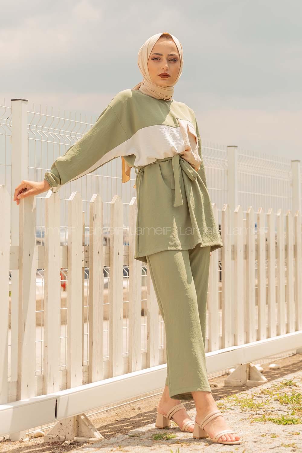 Modalamelif Kol Lastikli Garnili Takım Yeşil