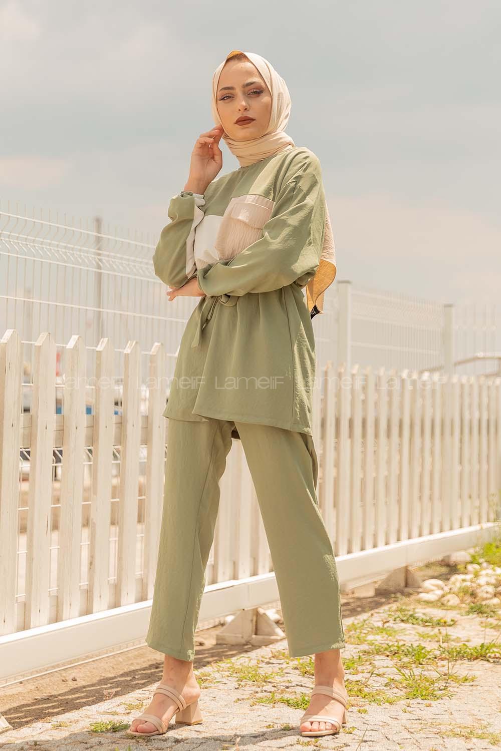 Modalamelif Kol Lastikli Garnili Takım Yeşil