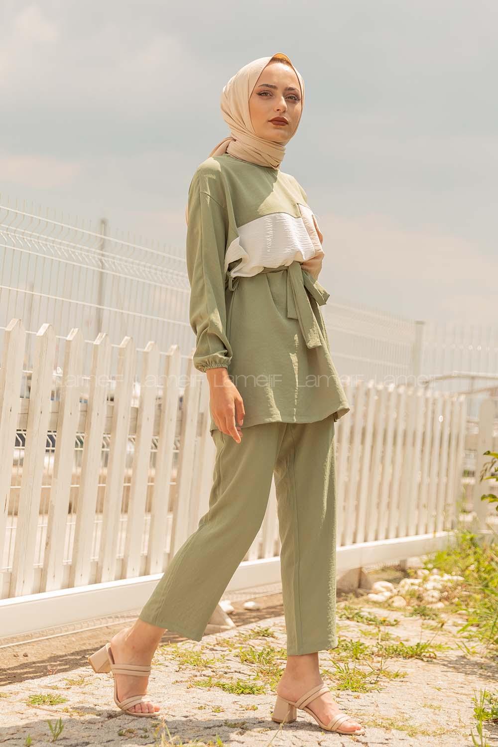 Modalamelif Kol Lastikli Garnili Takım Yeşil