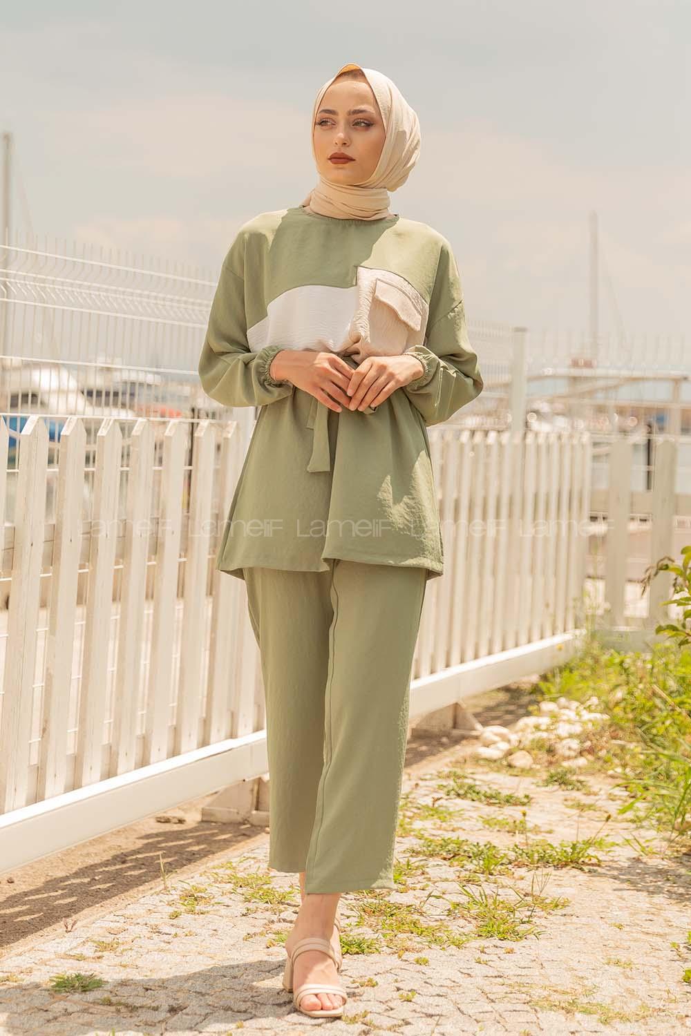 Modalamelif Kol Lastikli Garnili Takım Yeşil