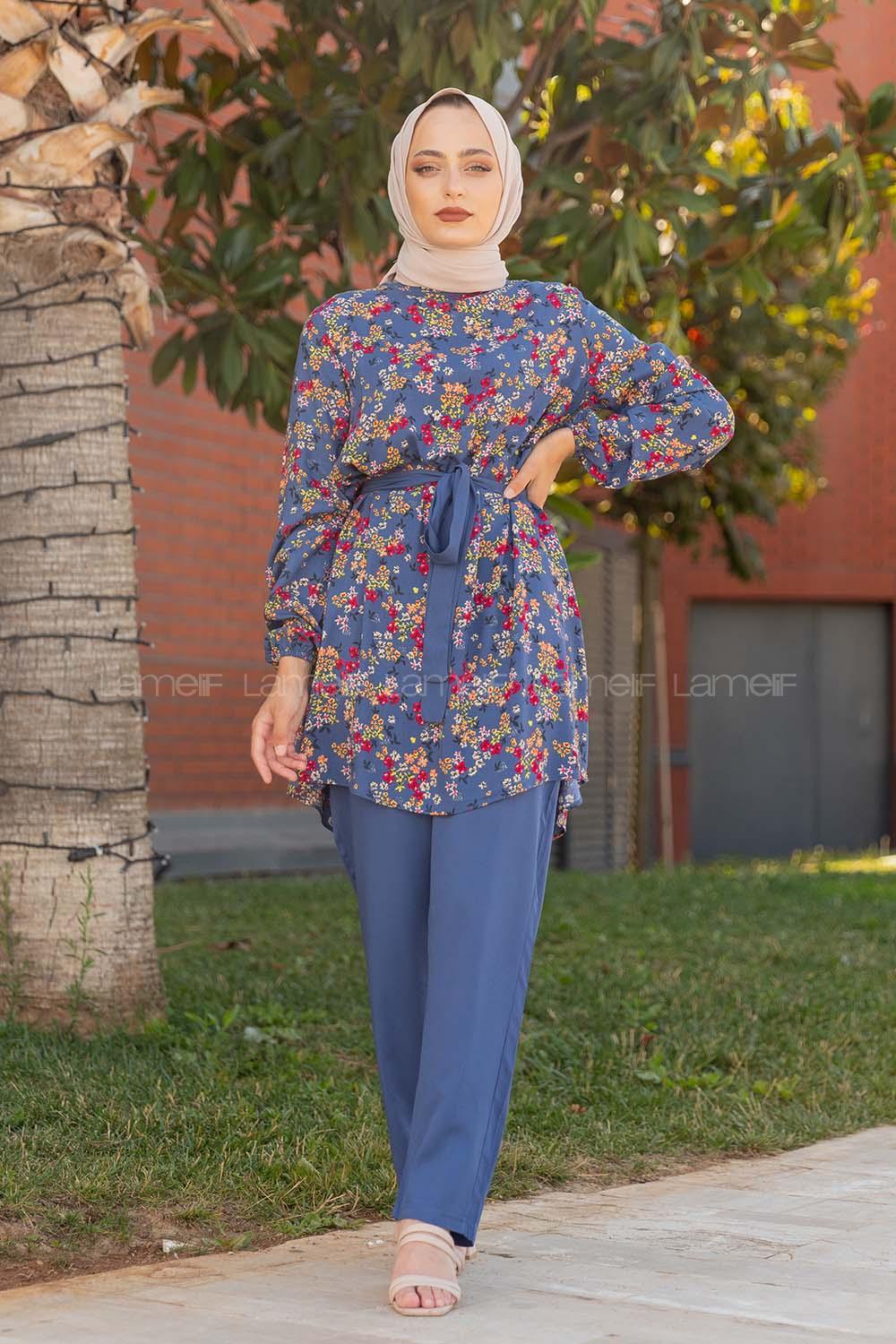Modalamelif Kuşaklı Çiçek Desenli Takım İndigo
