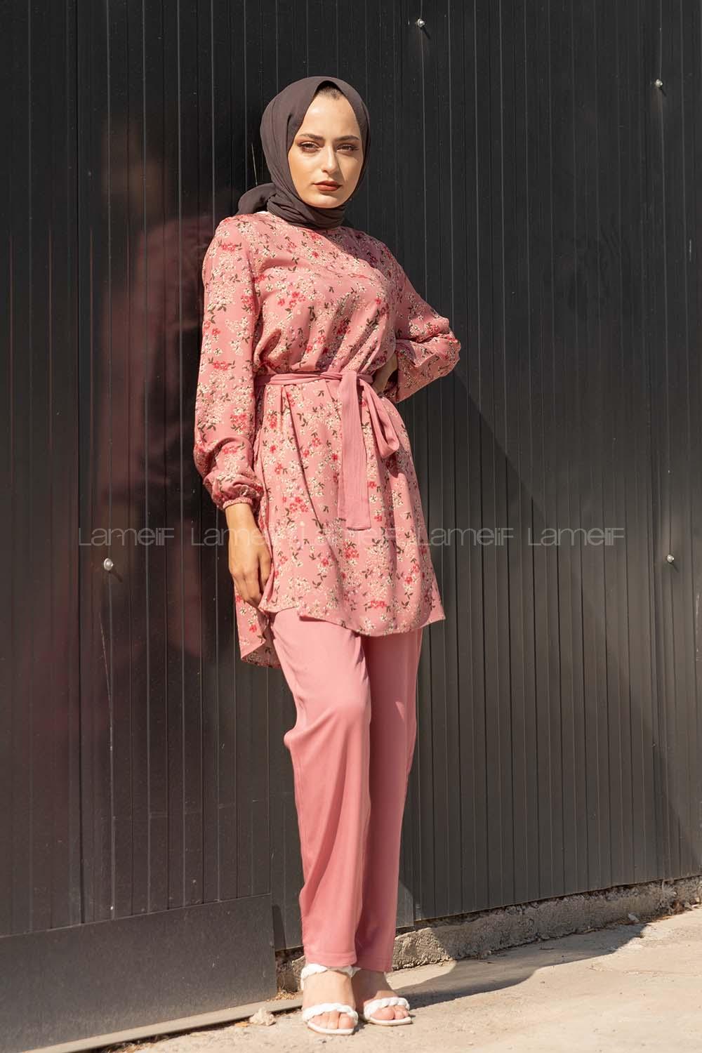 Modalamelif Kuşaklı Çiçek Desenli Takım Pudra