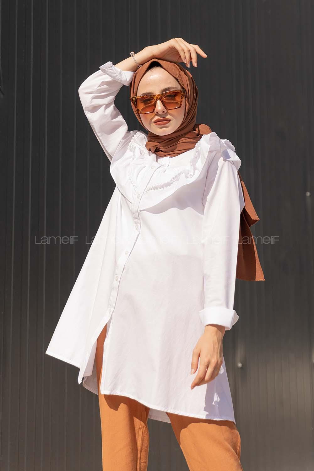 Modalamelif Ön Düğmeli Yaka Fırfırlı Gömlek Beyaz