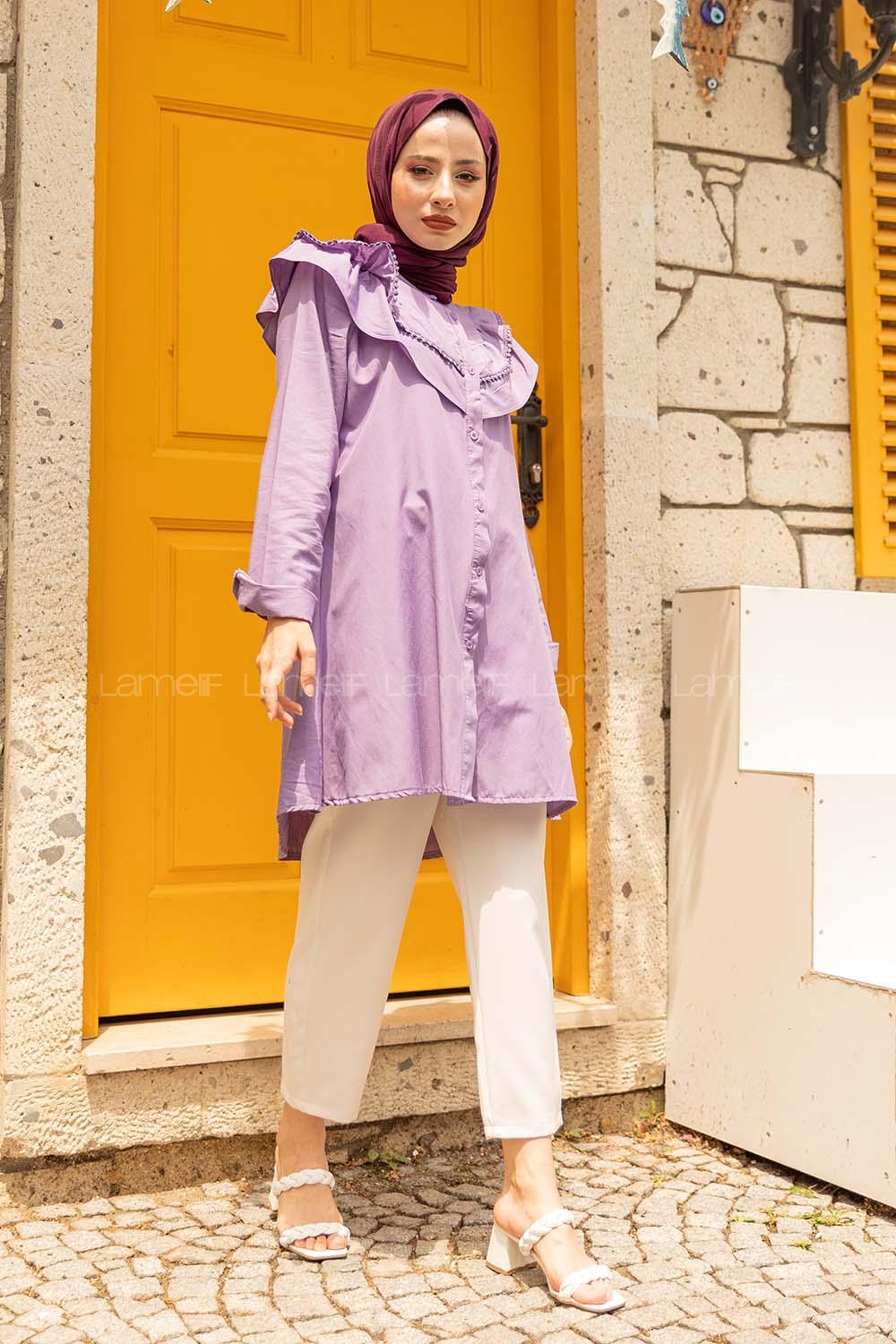 Modalamelif Ön Düğmeli Yaka Fırfırlı Gömlek Mor