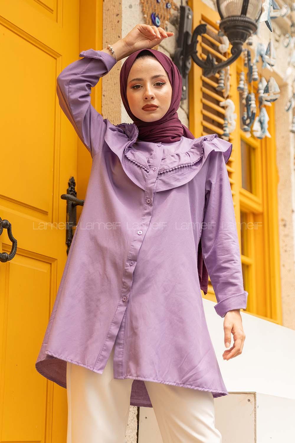 Modalamelif Ön Düğmeli Yaka Fırfırlı Gömlek Mor