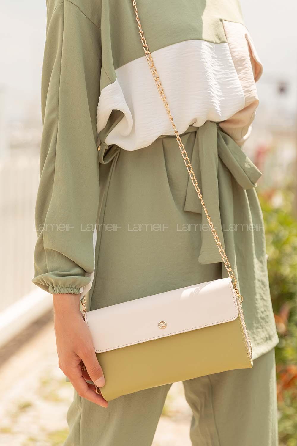 Modalamelif Parça Renkli Çanta Cüzdan Yağ Yeşili