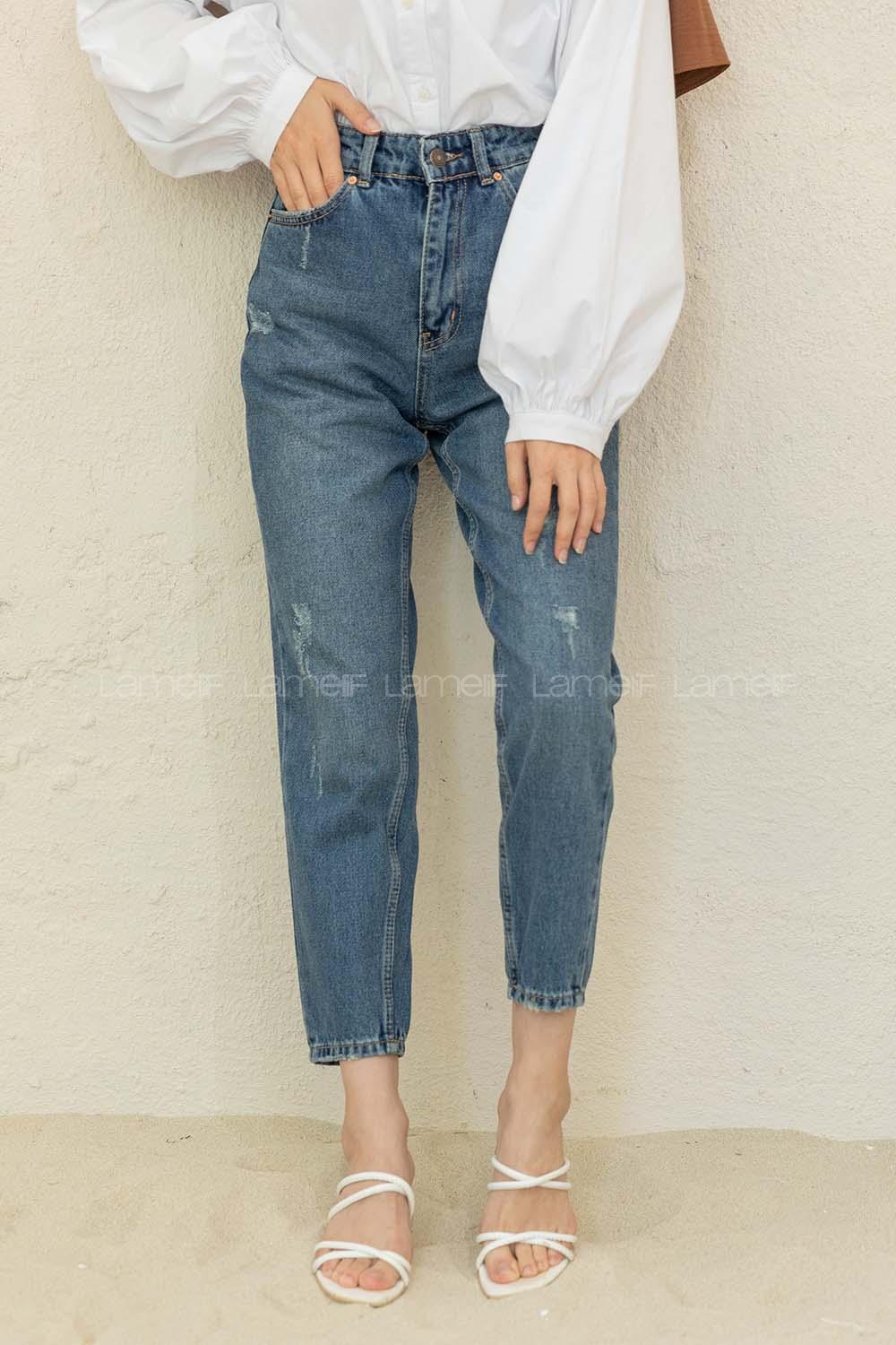 Modalamelif Tırnaklı Mom Jean Pantolon Kot Mavi