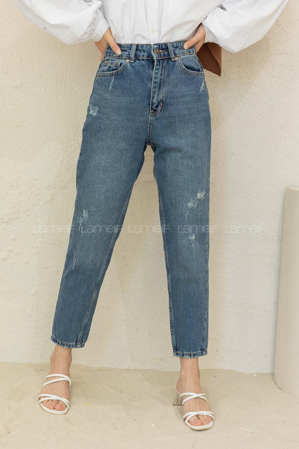 Modalamelif Tırnaklı Mom Jean Pantolon Kot Mavi