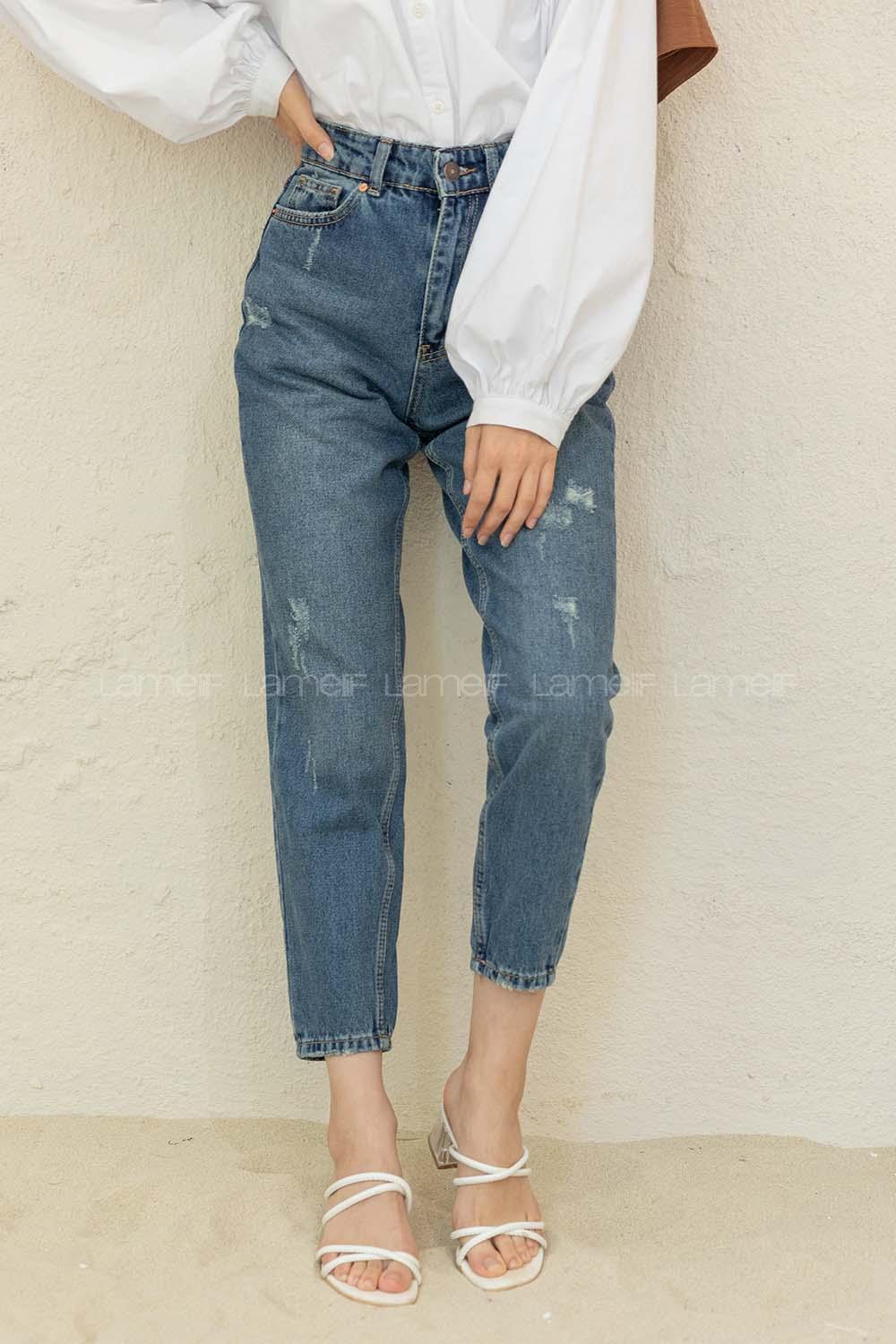 Modalamelif Tırnaklı Mom Jean Pantolon Kot Mavi