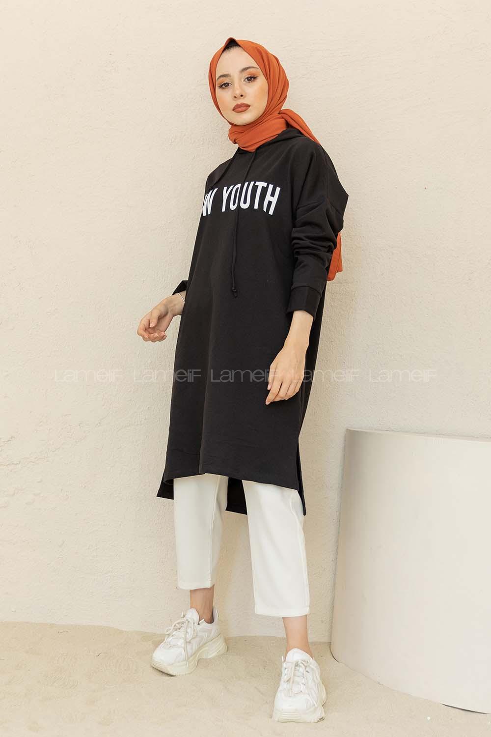 Modalamelif Yırtmaçlı New Youth Baskılı Tunik Siyah