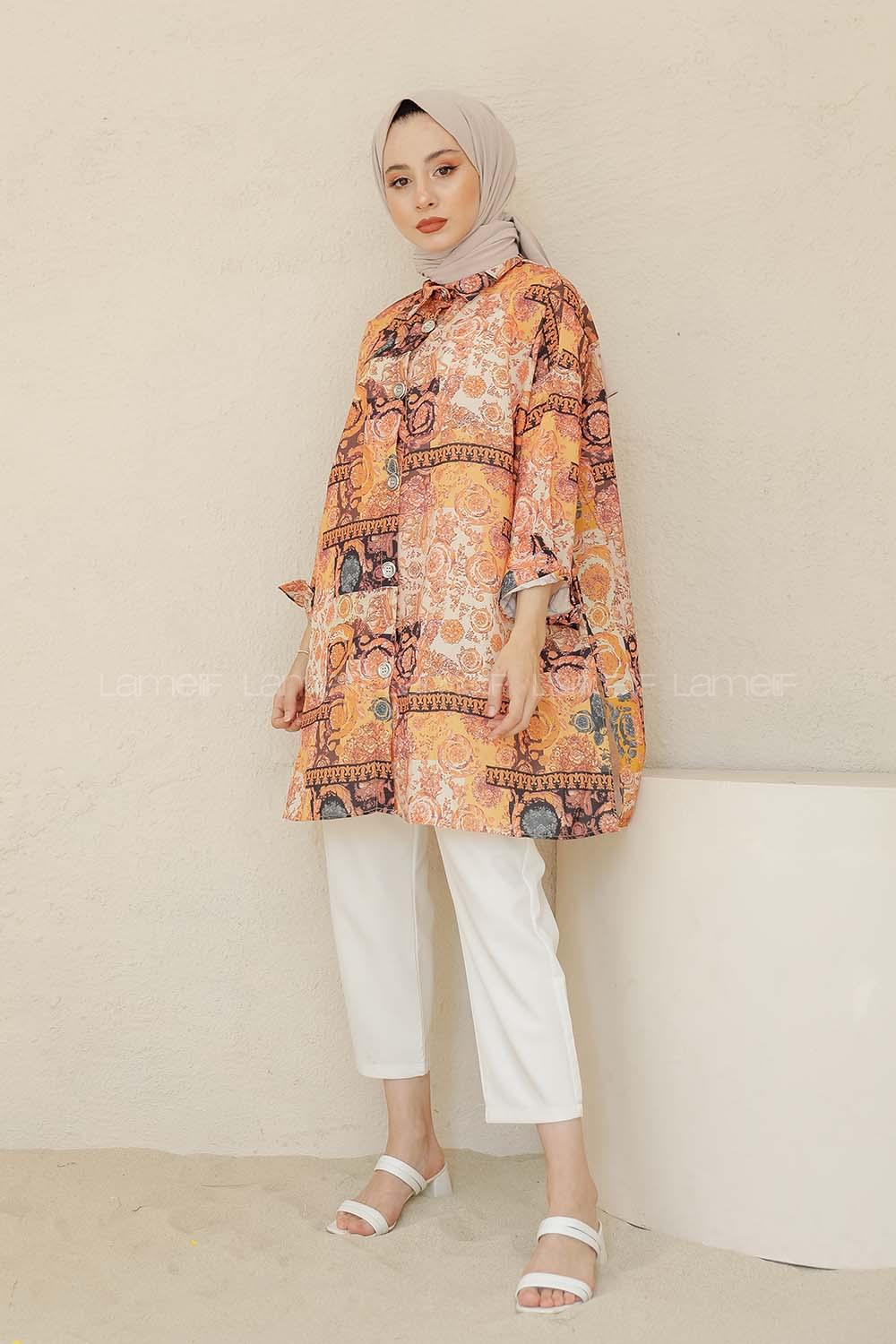 Modalamelif Batik Desen Gömlek Hardal Sarısı