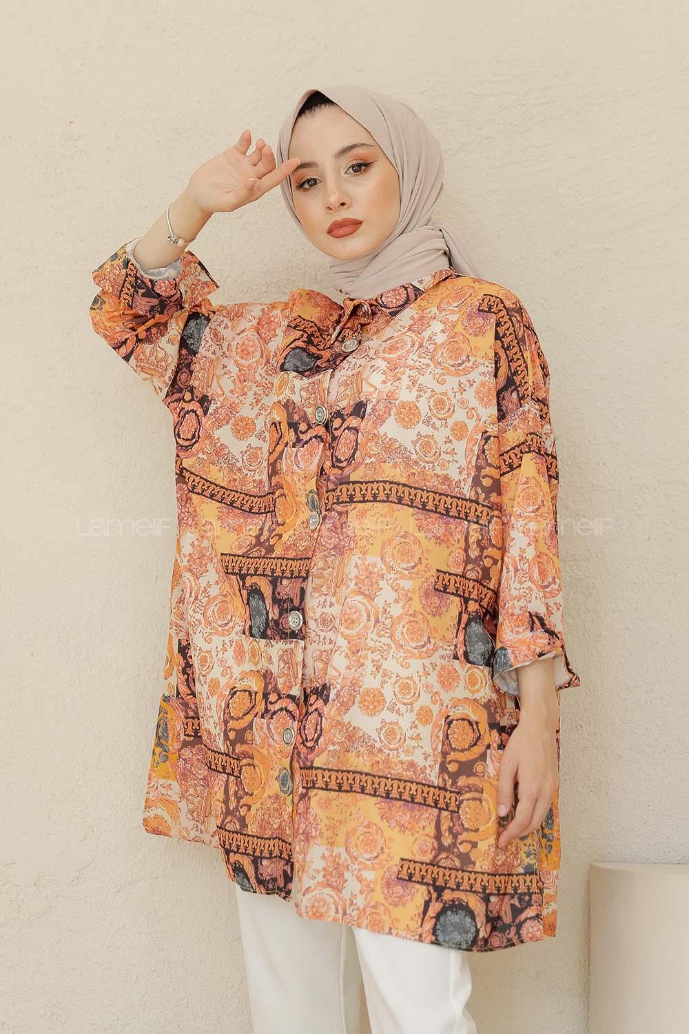 Modalamelif Batik Desen Gömlek Hardal Sarısı